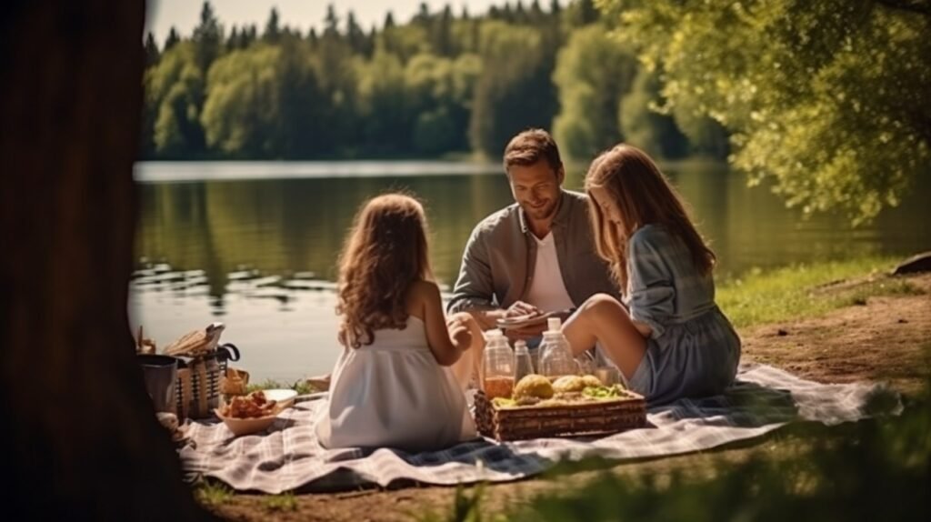 Lorie and her family are setting up a picnic near the lake