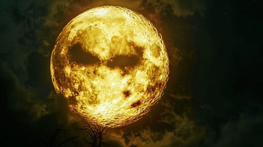 A yellow moon with a demonic face in the sky