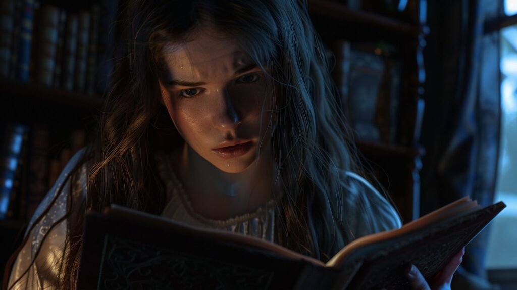 Emily is reading the spells of the last words in order to resolve the spell Easter horror story
