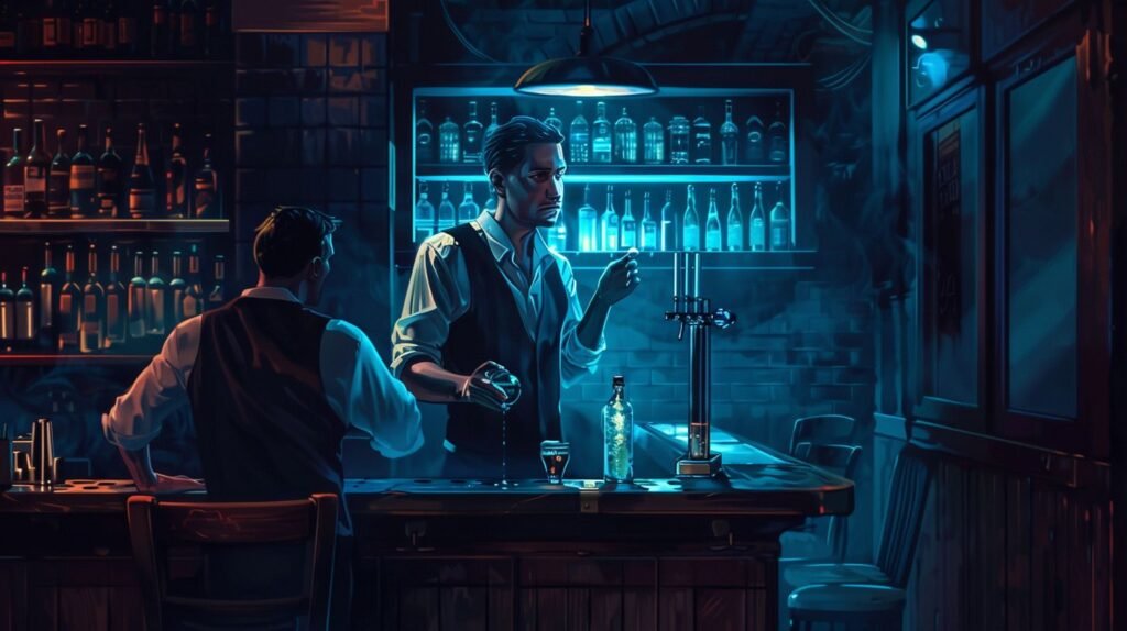 A bartender is talking to a weird man the midnight visitor