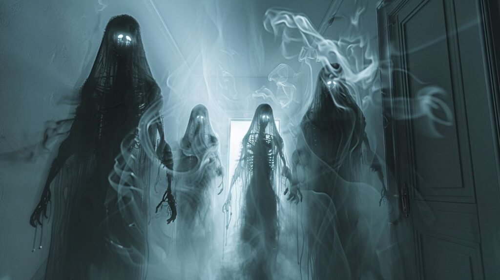 Trapped in the Haunted House of Ravenwood Ghosts with hallow eyes are looking