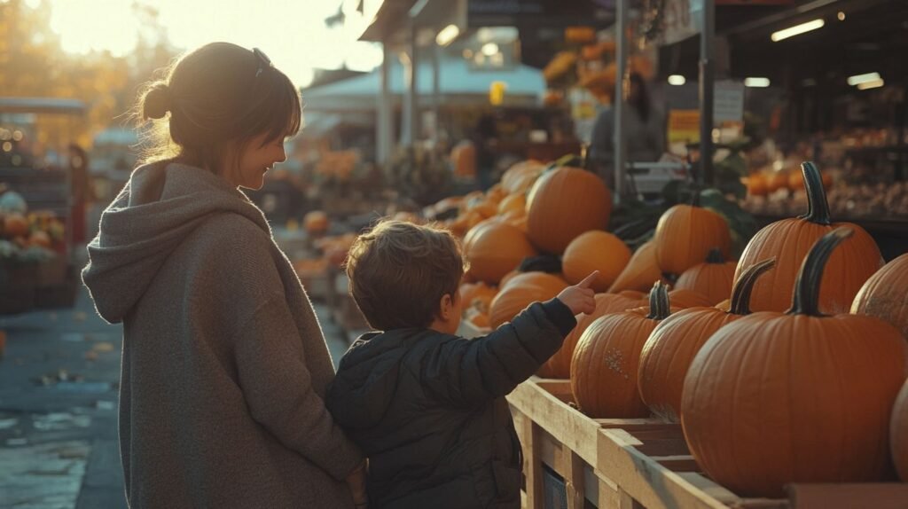 Sam is pointing to the little Halloween pumpkin 