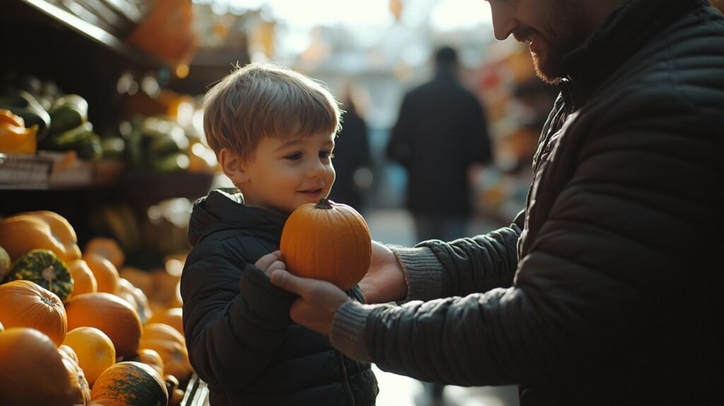 The man is offering Sam the little pumpkin and Sam is so happy