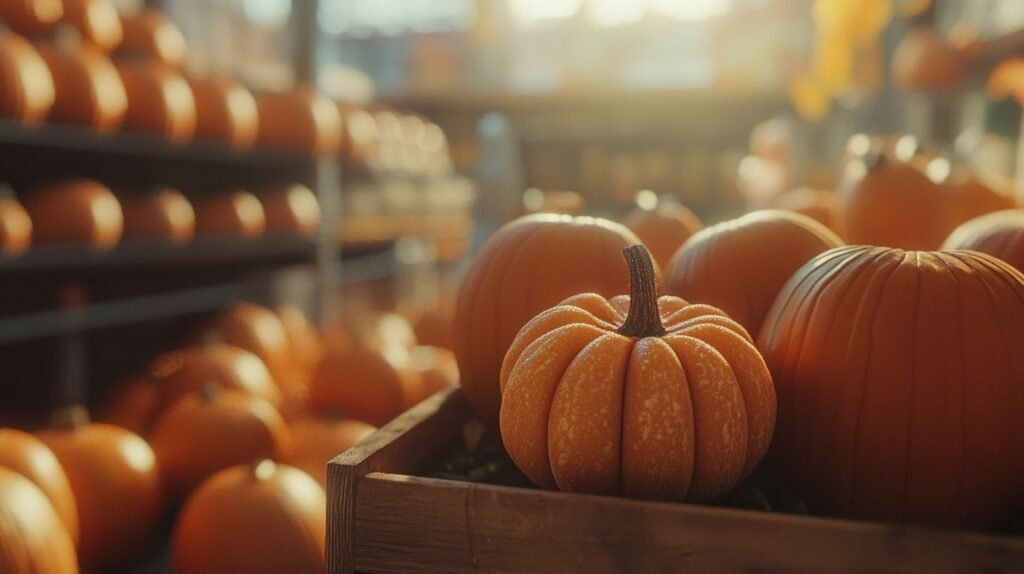 a small pumpkin between big ones in the grocery store